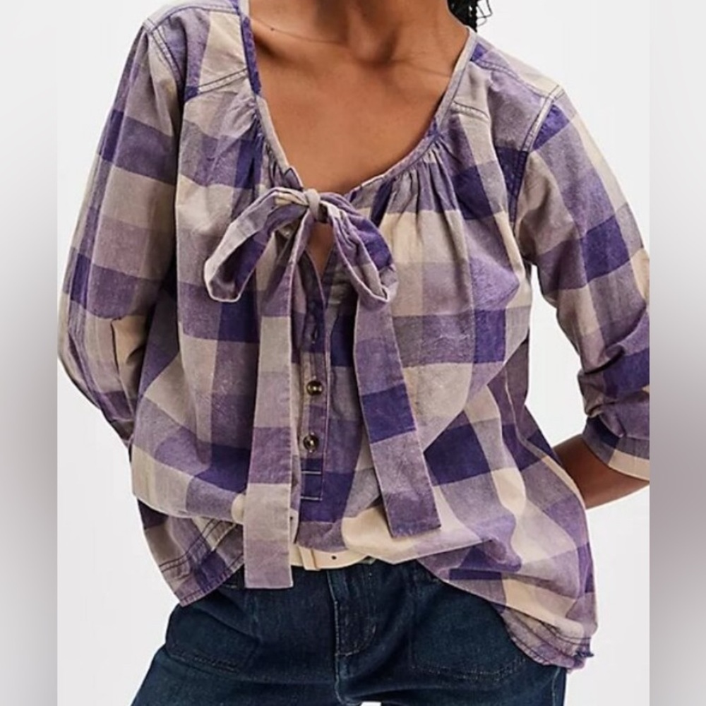 Free People We The Free Big Bow Plaid Pullover. NWT. Charcoal combo - Picture 2 of 3